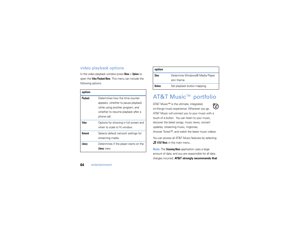 At&t music™ portfolio, At&t music™ p, Video playback options | Motorola MOTO Q 9h User Manual | Page 66 / 184