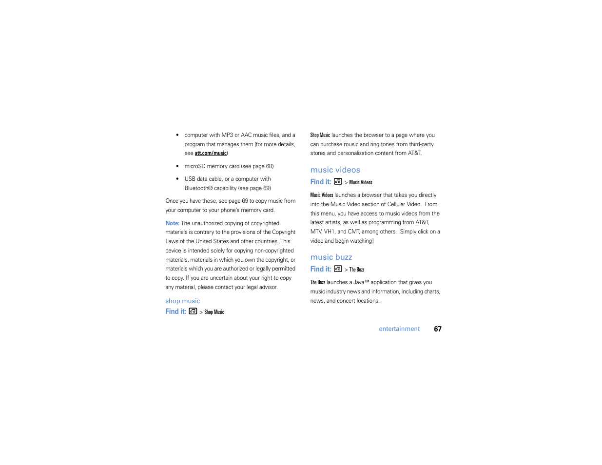 Music videos, Music buzz | Motorola MOTO Q 9h User Manual | Page 69 / 184