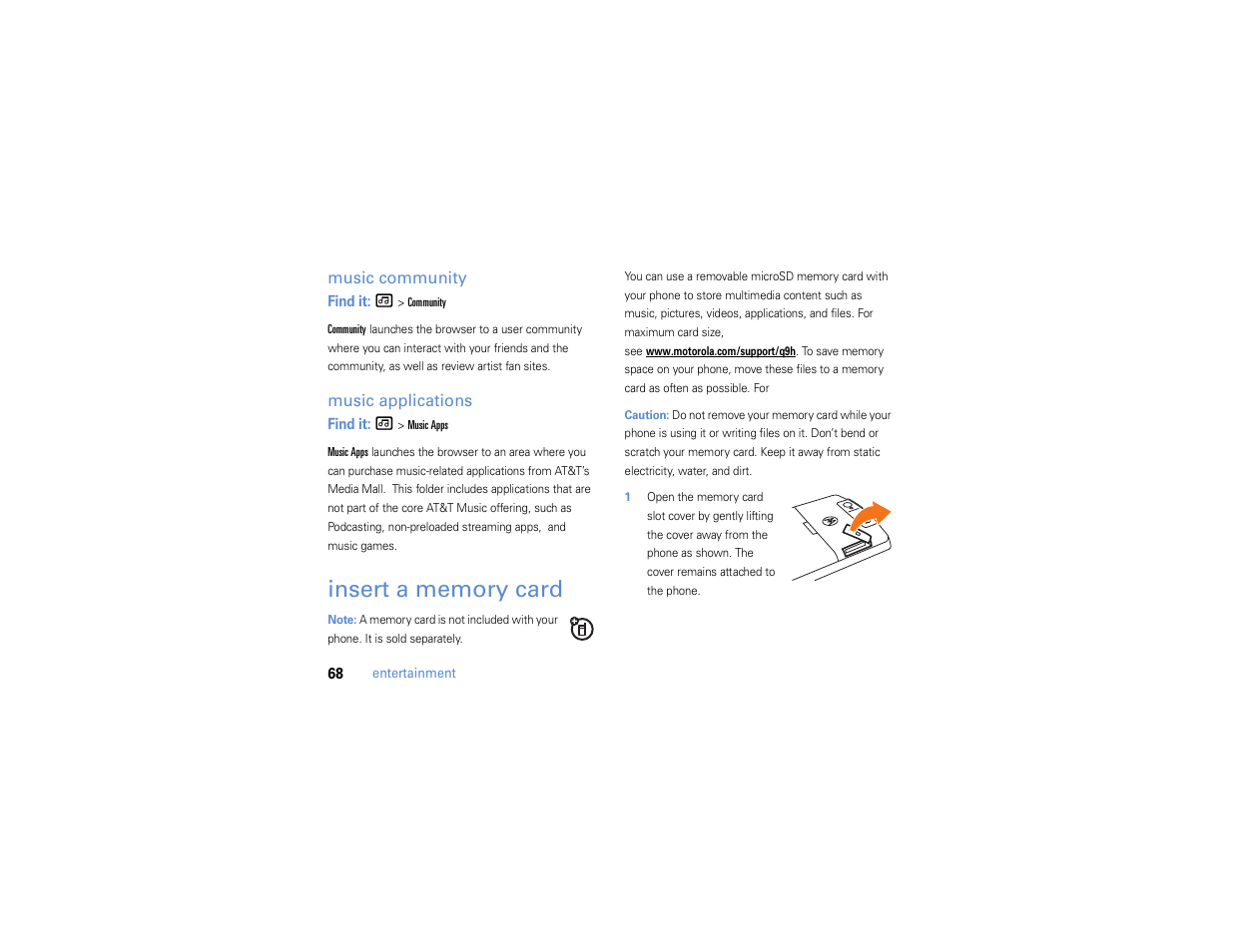 Insert a memory card, Music community, Music applications | Motorola MOTO Q 9h User Manual | Page 70 / 184