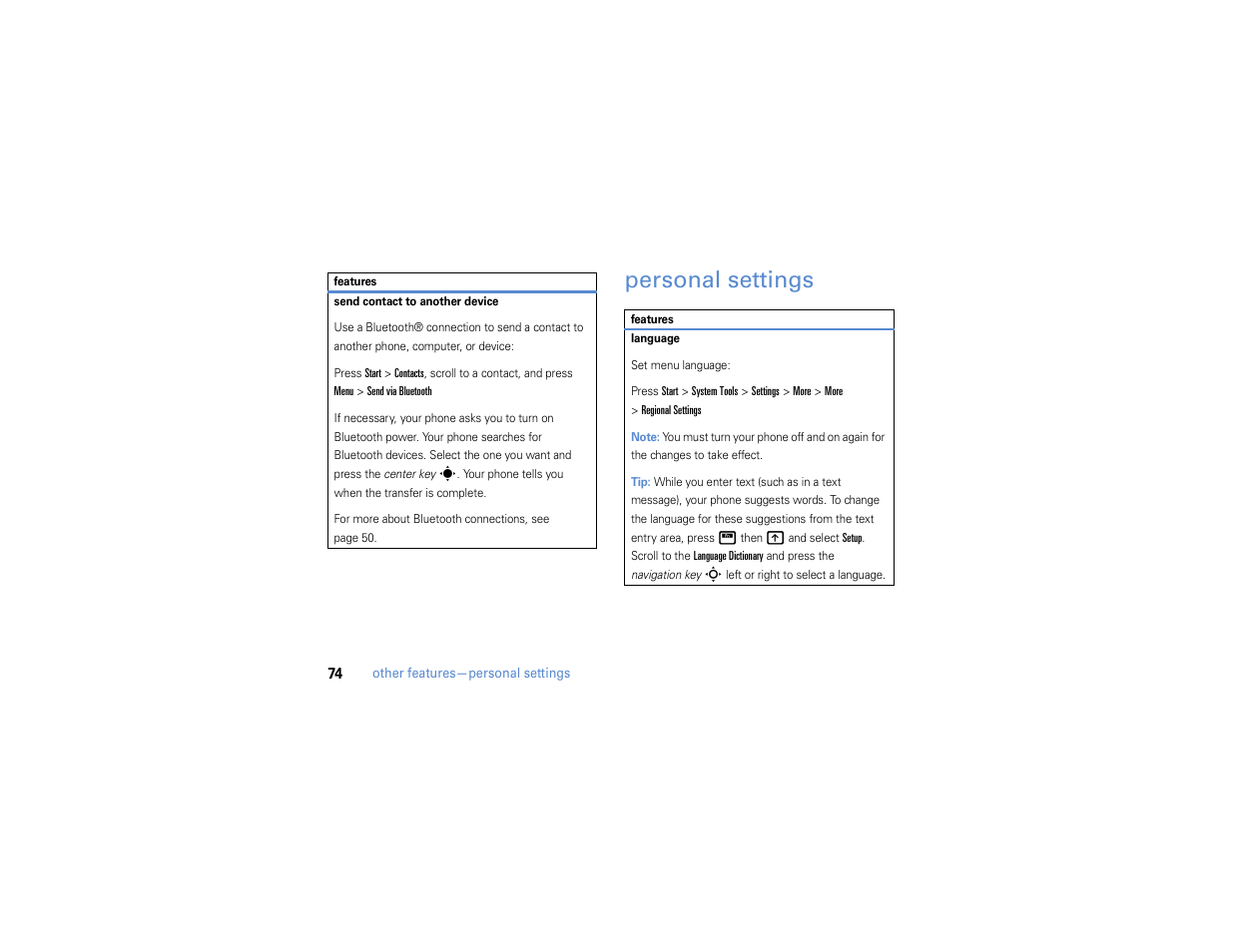 Personal settings | Motorola MOTO Q 9h User Manual | Page 76 / 184