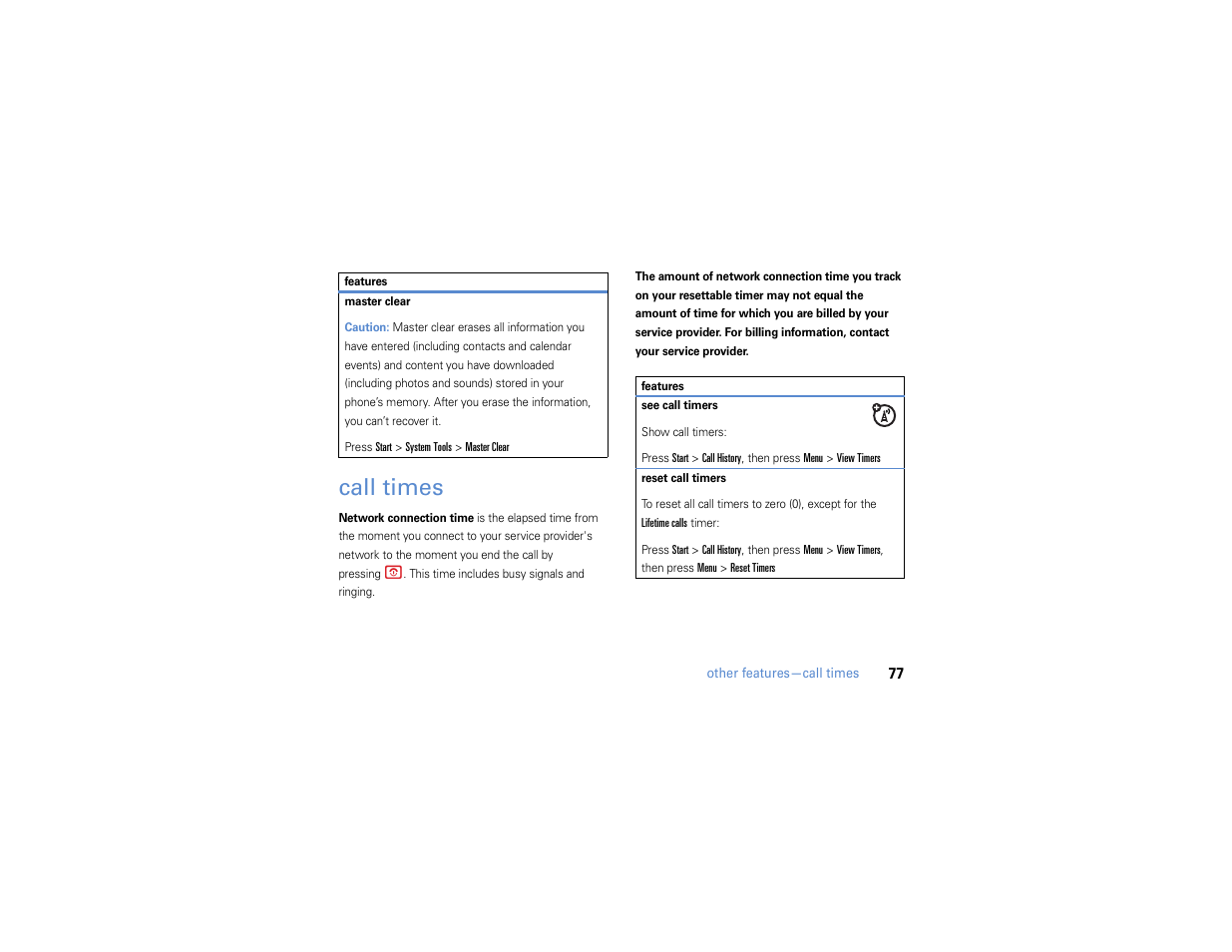 Call times | Motorola MOTO Q 9h User Manual | Page 79 / 184