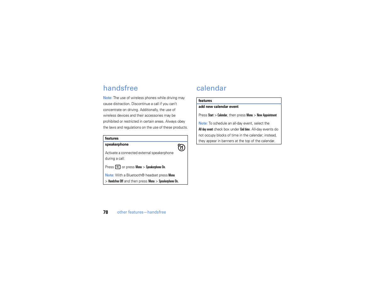 Handsfree, Calendar | Motorola MOTO Q 9h User Manual | Page 80 / 184