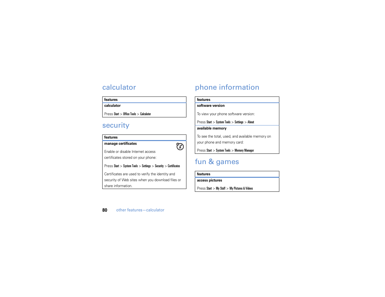 Calculator, Security, Phone information | Fun & games, Calculator security phone information fun & games | Motorola MOTO Q 9h User Manual | Page 82 / 184