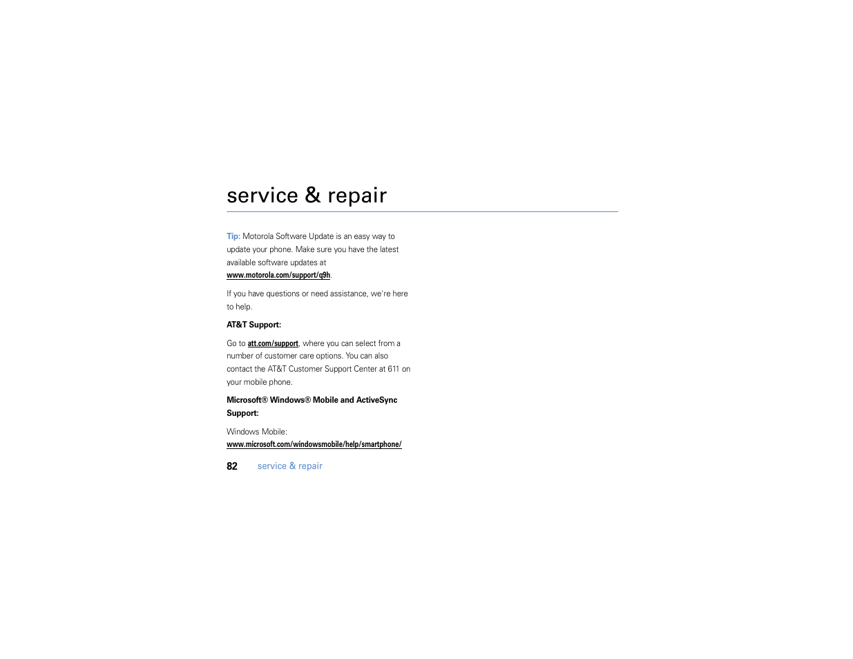 Service & repair | Motorola MOTO Q 9h User Manual | Page 84 / 184