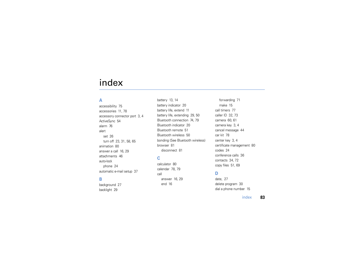 Index | Motorola MOTO Q 9h User Manual | Page 85 / 184