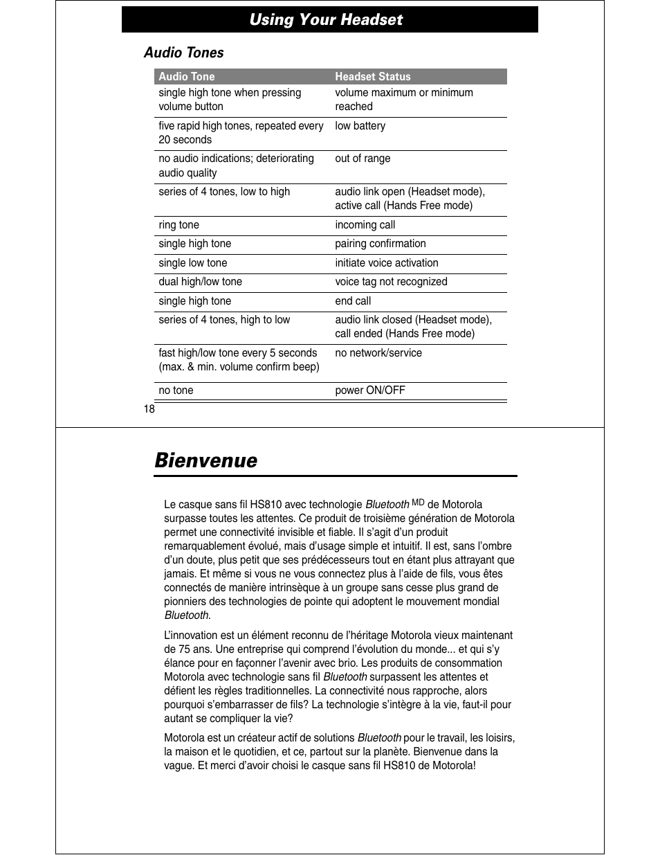 Bienvenue, Using your headset, Audio tones | Motorola HS810 User Manual | Page 10 / 32