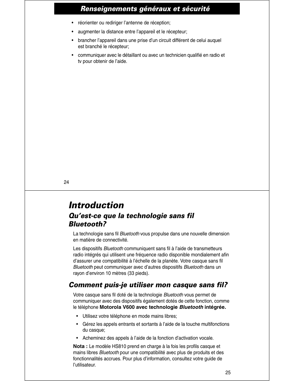 Introduction, Renseignements généraux et sécurité, Qu’est-ce que la technologie sans fil bluetooth | Comment puis-je utiliser mon casque sans fil | Motorola HS810 User Manual | Page 13 / 32