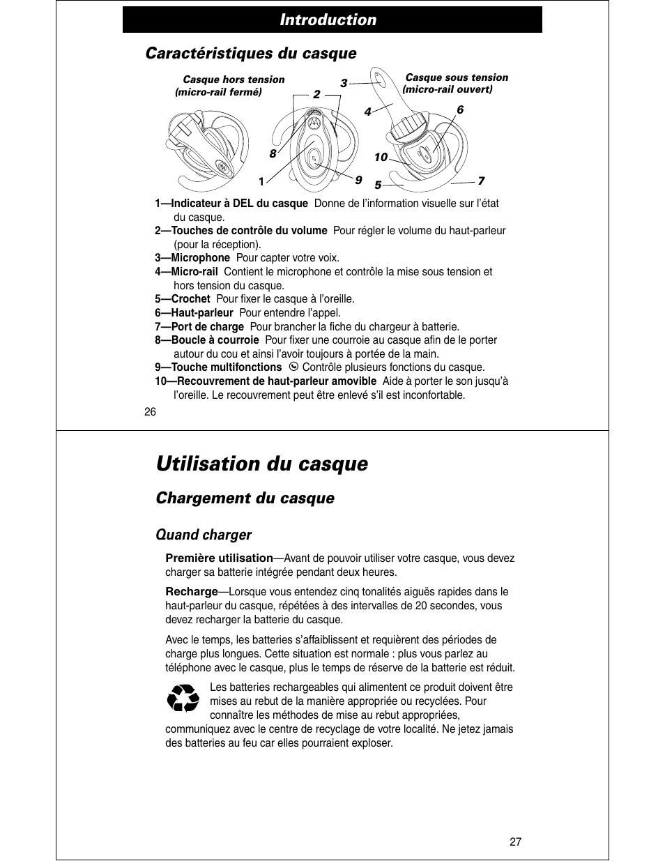 Utilisation du casque, Introduction, Caractéristiques du casque | Chargement du casque, Quand charger | Motorola HS810 User Manual | Page 14 / 32