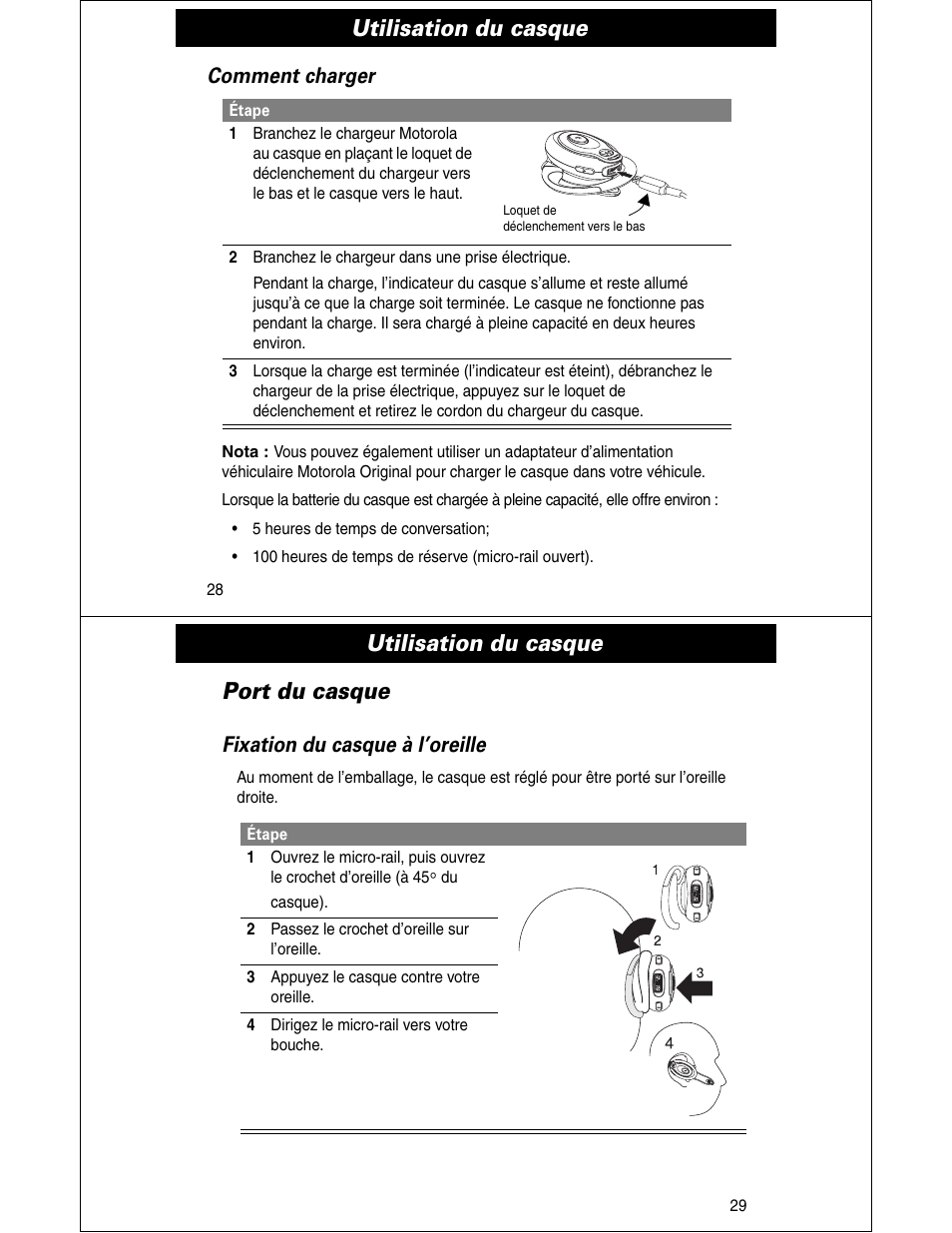 Utilisation du casque, Utilisation du casque port du casque, Comment charger | Fixation du casque à l’oreille | Motorola HS810 User Manual | Page 15 / 32