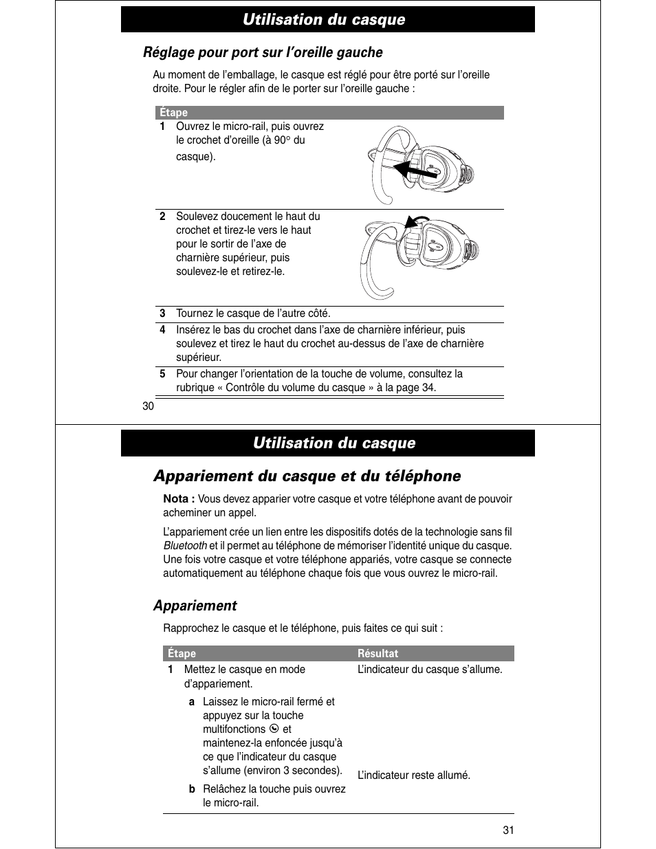 Utilisation du casque, Réglage pour port sur l’oreille gauche, Appariement | Motorola HS810 User Manual | Page 16 / 32