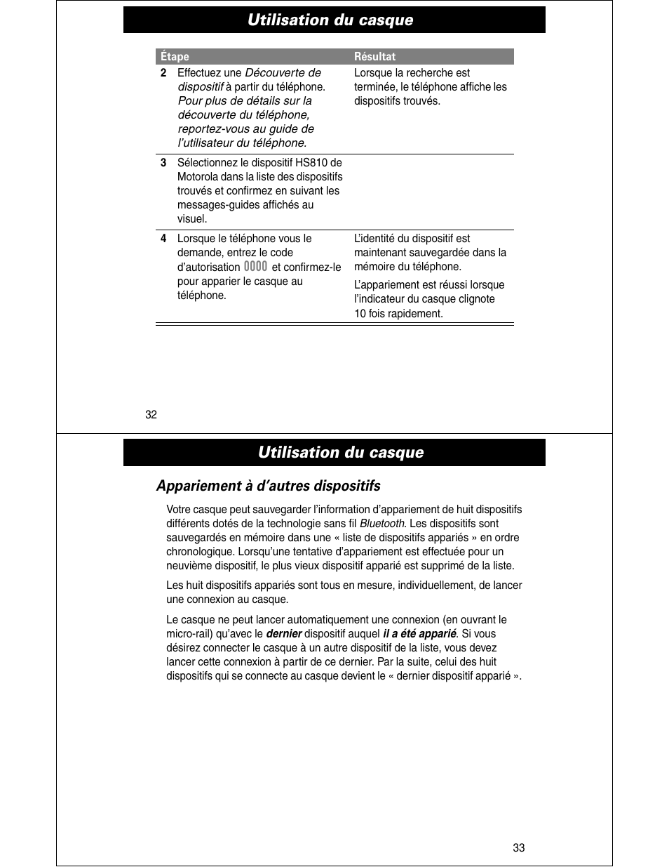 Utilisation du casque, Appariement à d’autres dispositifs | Motorola HS810 User Manual | Page 17 / 32