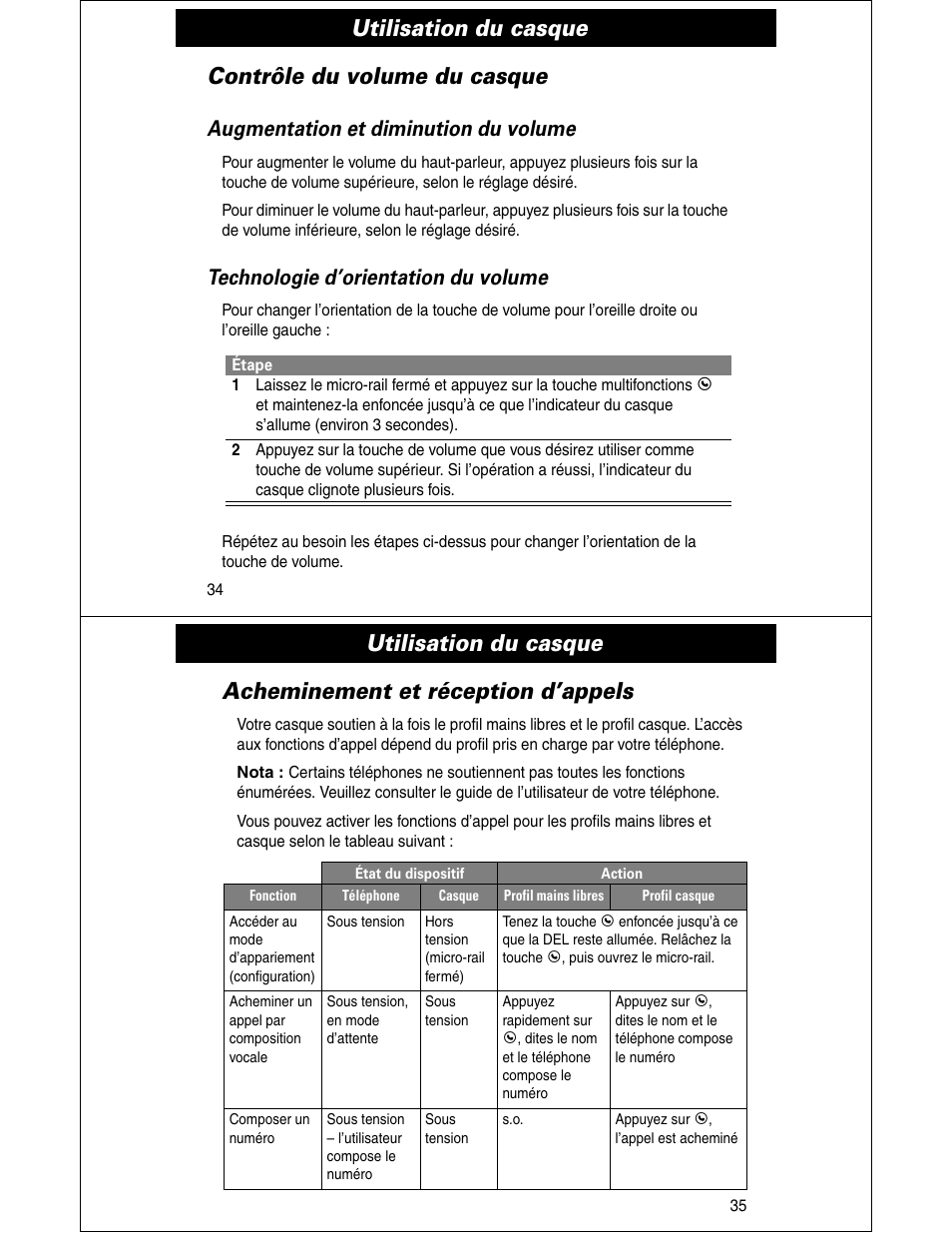 Utilisation du casque, Contrôle du volume du casque, Augmentation et diminution du volume | Technologie d’orientation du volume | Motorola HS810 User Manual | Page 18 / 32