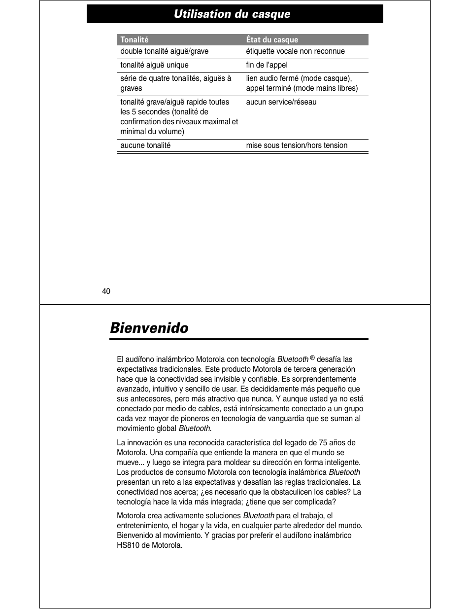 Bienvenido, Utilisation du casque | Motorola HS810 User Manual | Page 21 / 32