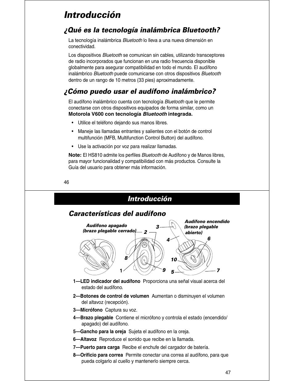 Introducción, Qué es la tecnología inalámbrica bluetooth, Cómo puedo usar el audífono inalámbrico | Introducción características del audífono | Motorola HS810 User Manual | Page 24 / 32