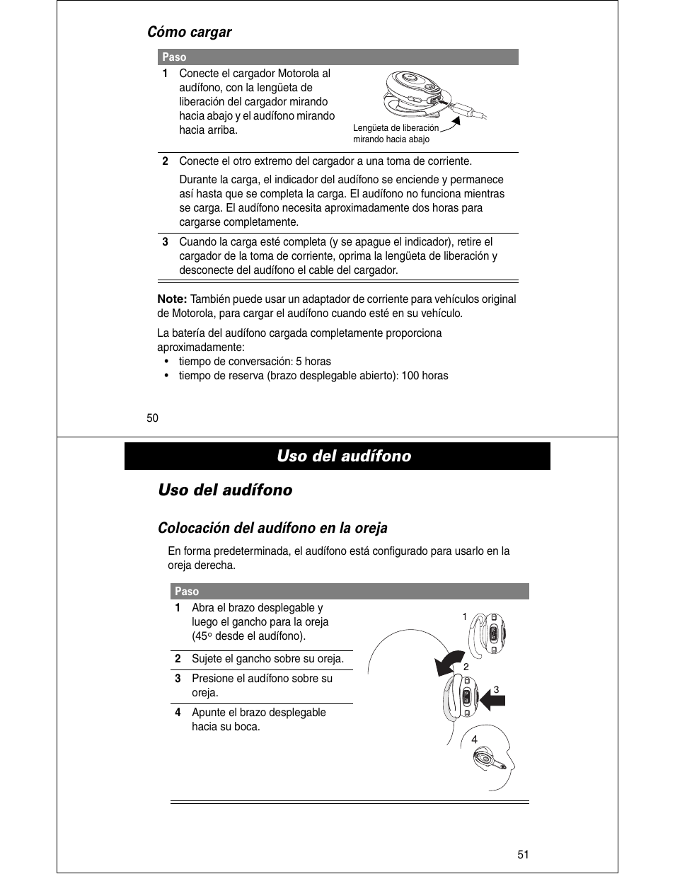 Uso del audífono, Cómo cargar, Colocación del audífono en la oreja | Motorola HS810 User Manual | Page 26 / 32