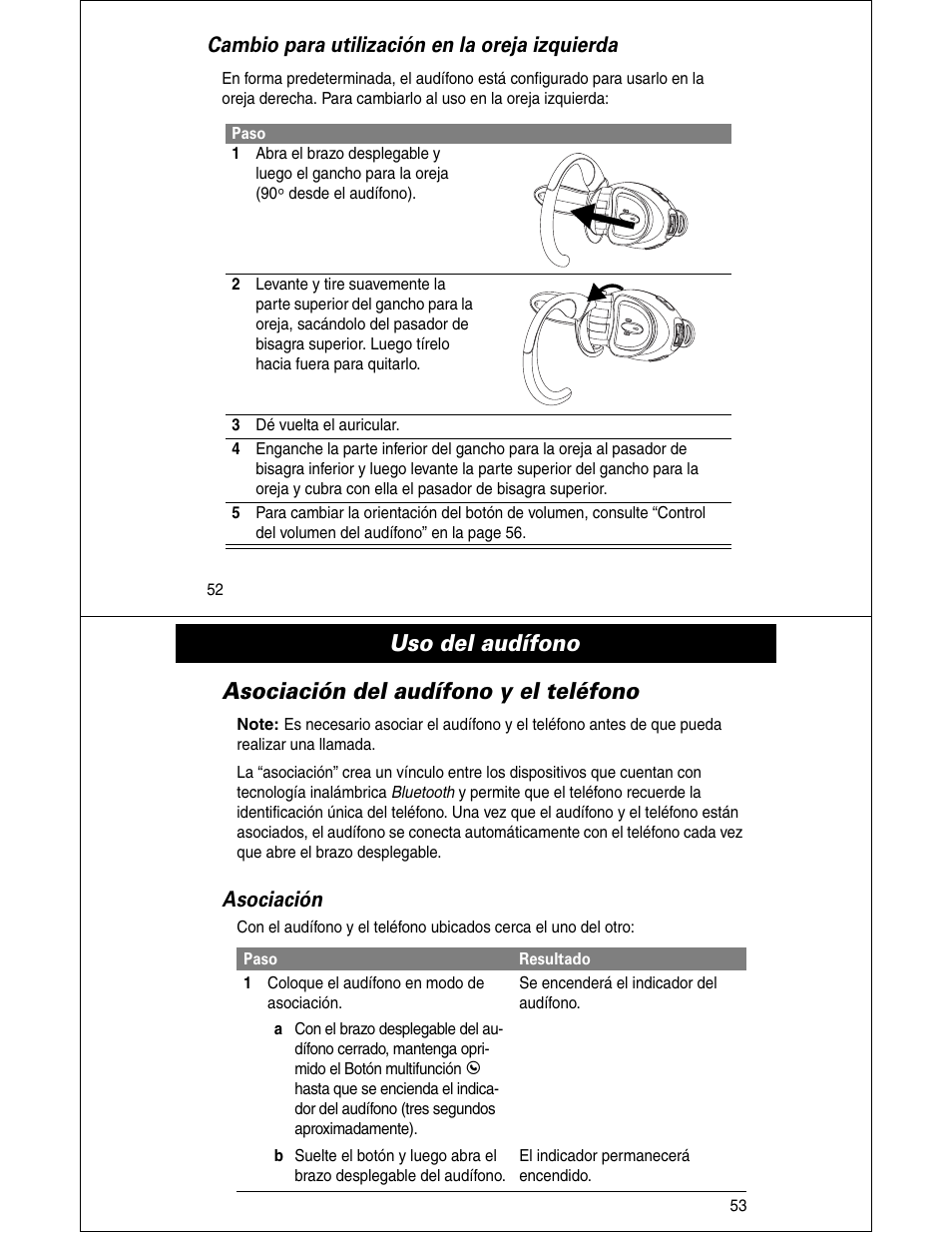 Cambio para utilización en la oreja izquierda, Asociación | Motorola HS810 User Manual | Page 27 / 32