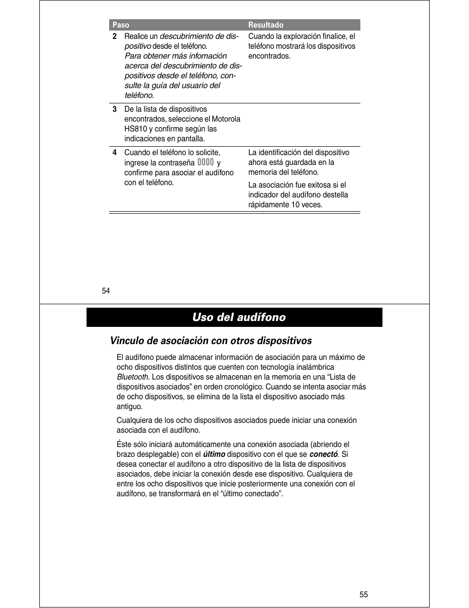 Uso del audífono, Vinculo de asociación con otros dispositivos | Motorola HS810 User Manual | Page 28 / 32