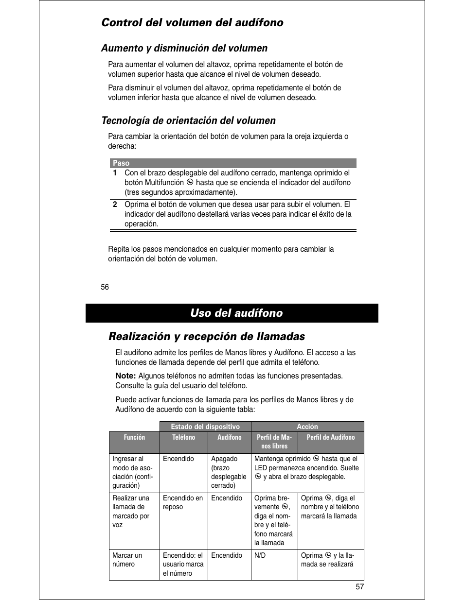 Control del volumen del audífono, Aumento y disminución del volumen, Tecnología de orientación del volumen | Motorola HS810 User Manual | Page 29 / 32