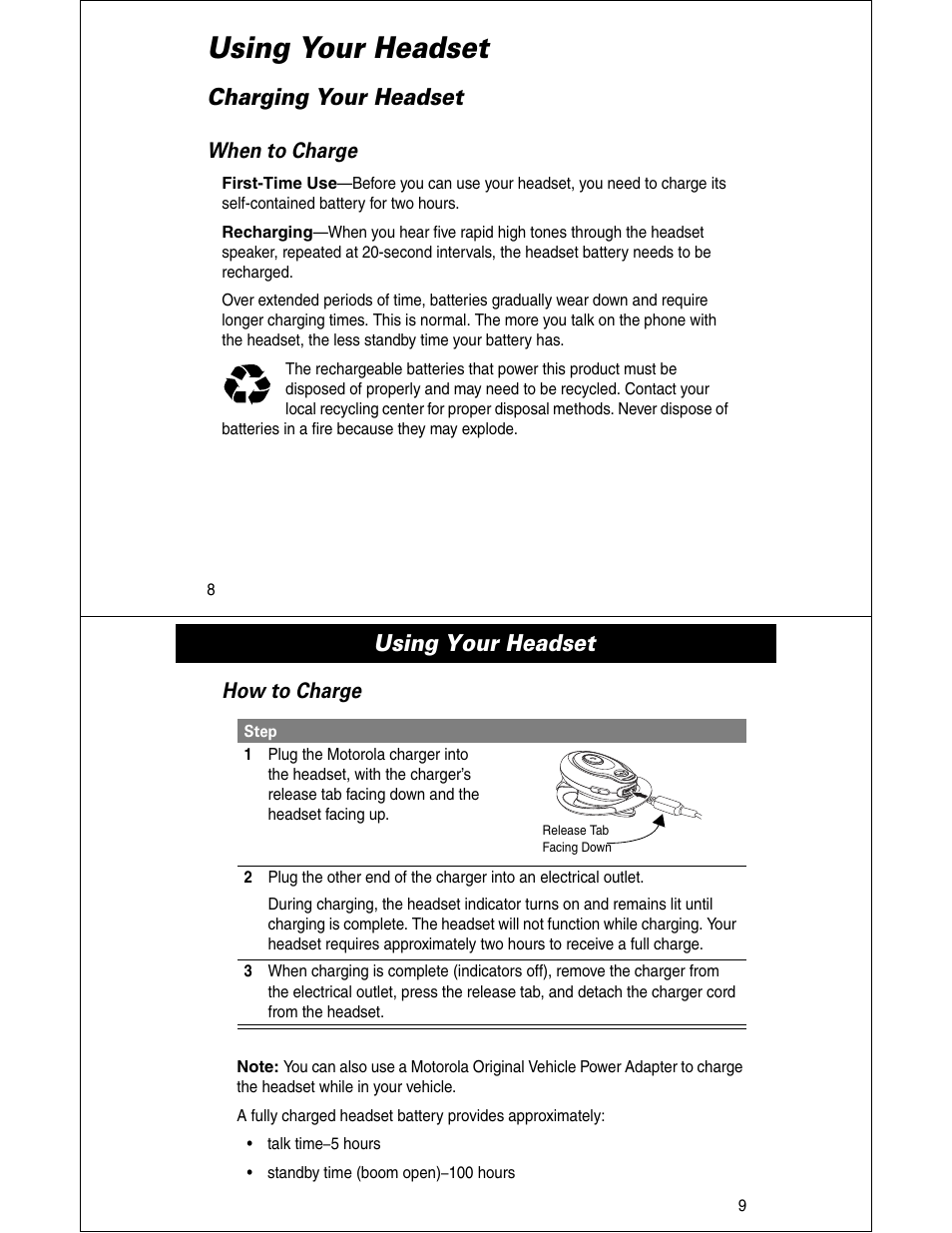 Using your headset, Charging your headset, When to charge | How to charge | Motorola HS810 User Manual | Page 5 / 32