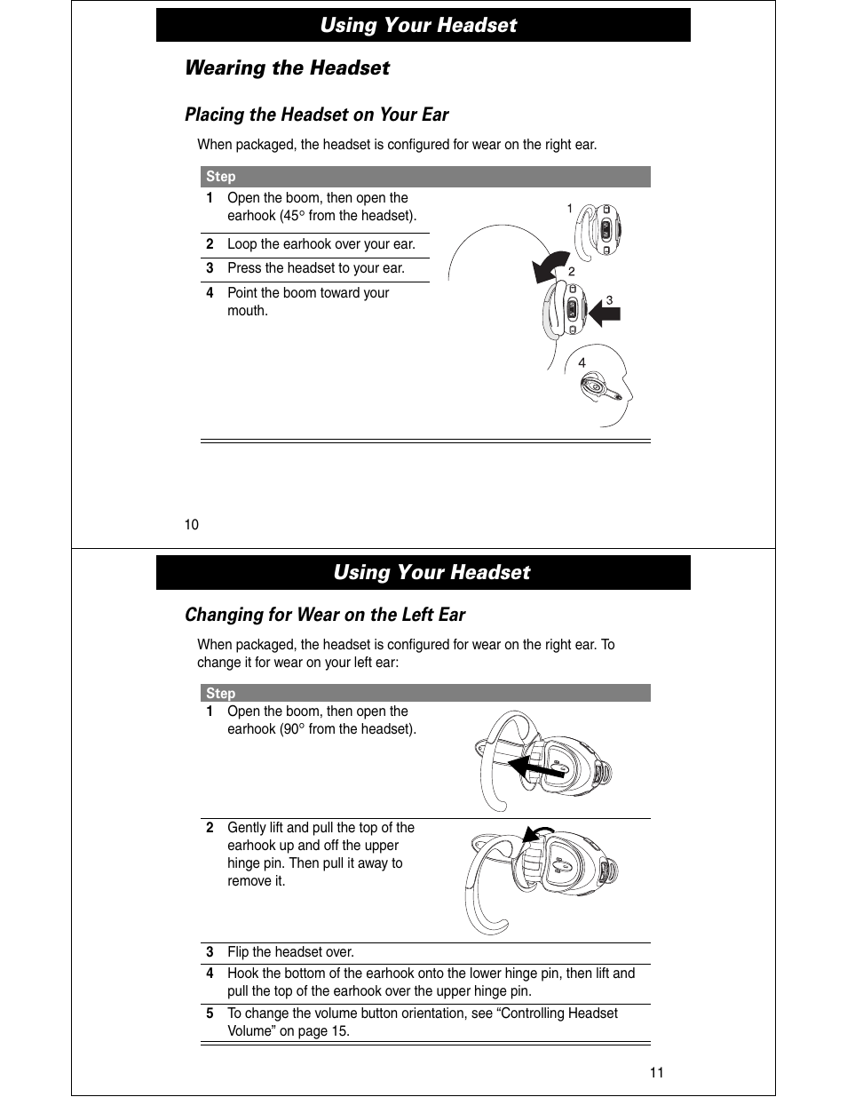 Using your headset, Wearing the headset, Placing the headset on your ear | Changing for wear on the left ear | Motorola HS810 User Manual | Page 6 / 32