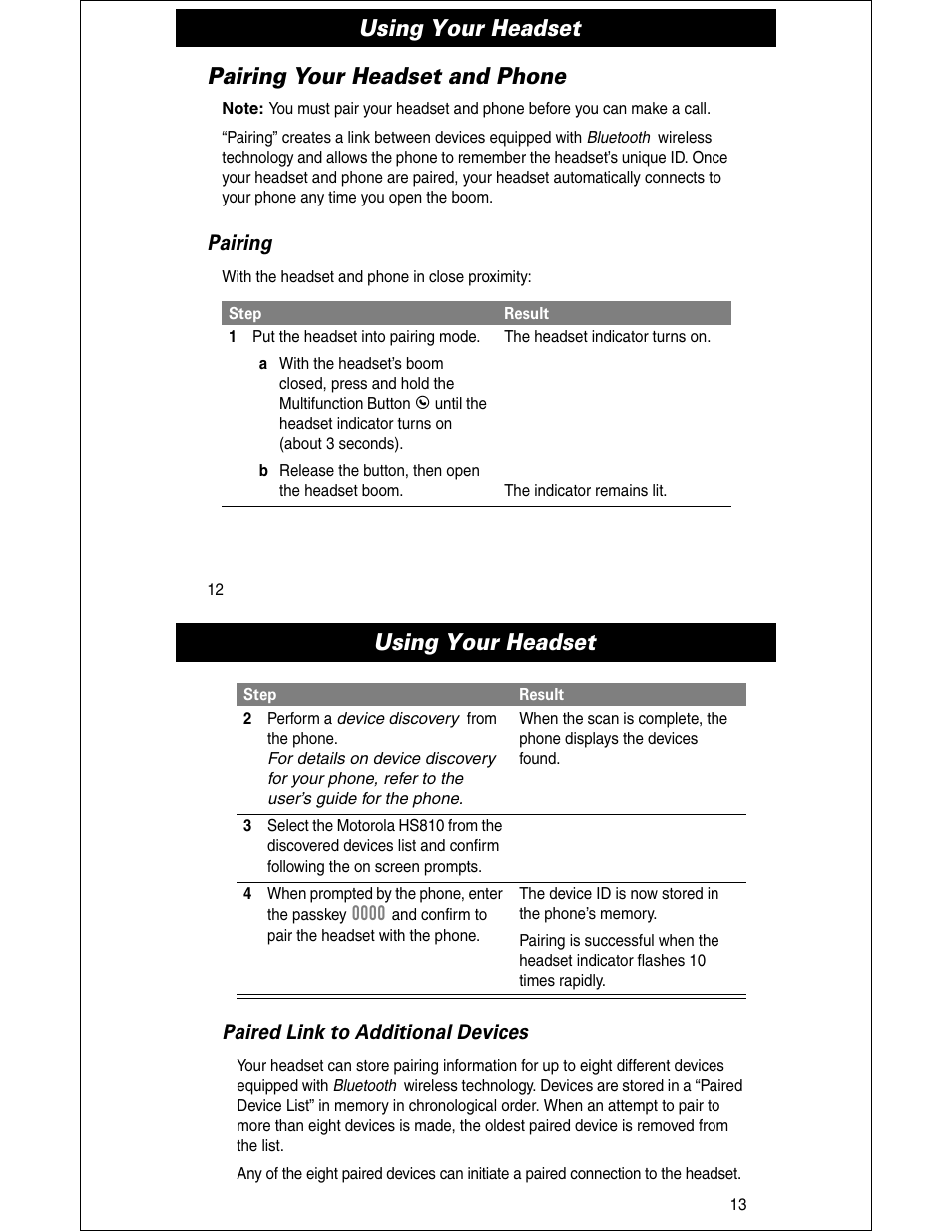 Using your headset, Pairing your headset and phone, Pairing | Paired link to additional devices | Motorola HS810 User Manual | Page 7 / 32