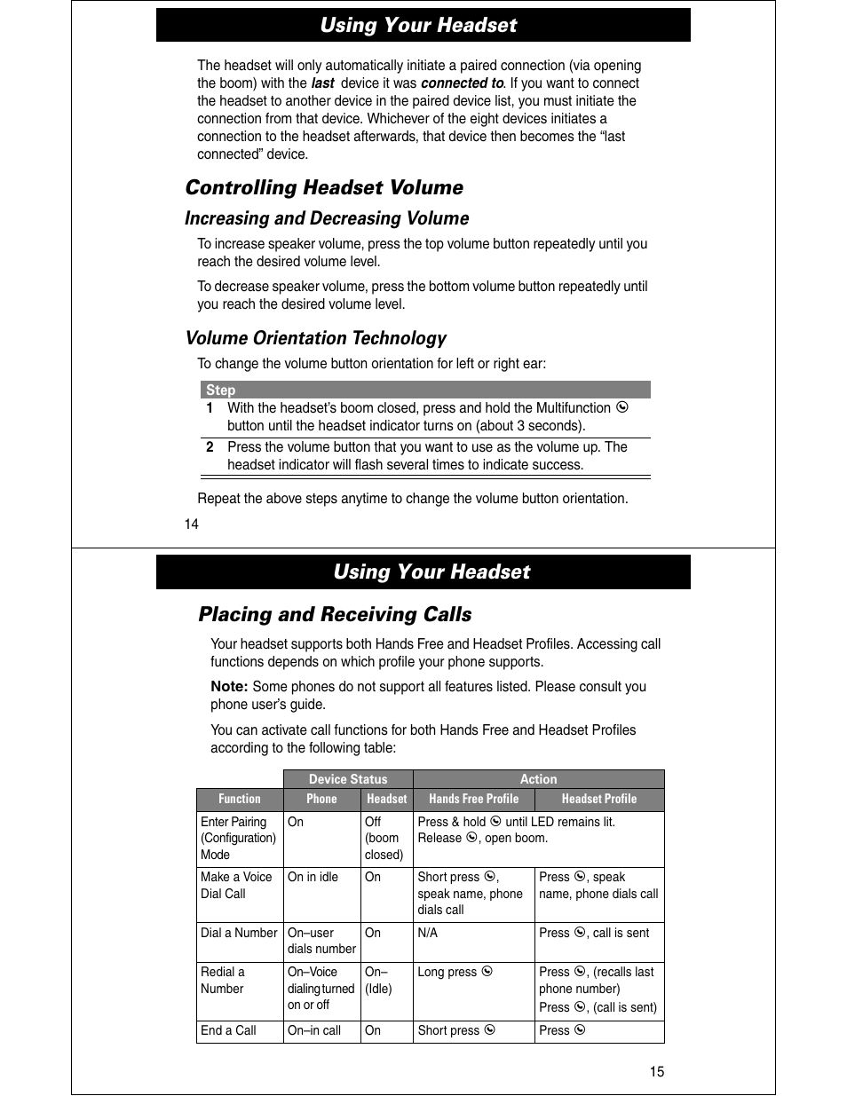 Using your headset, Controlling headset volume, Using your headset placing and receiving calls | Increasing and decreasing volume, Volume orientation technology | Motorola HS810 User Manual | Page 8 / 32