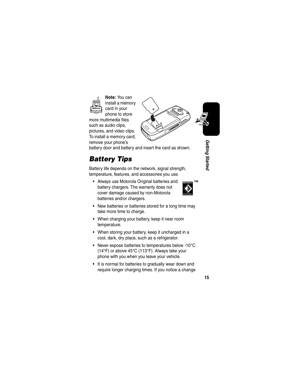 Battery tips | Motorola C975 User Manual | Page 15 / 106