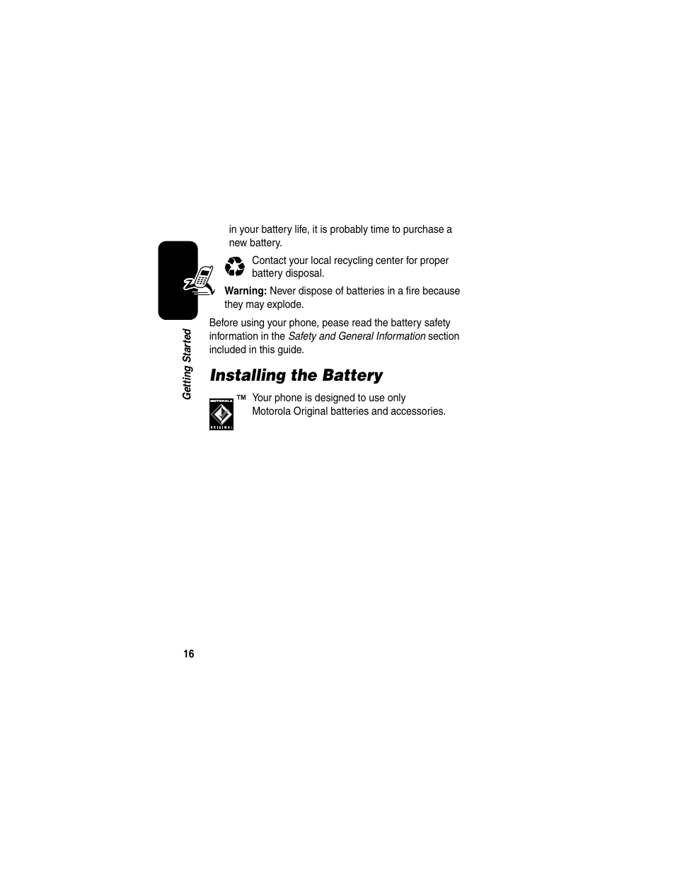 Installing the battery | Motorola C975 User Manual | Page 16 / 106