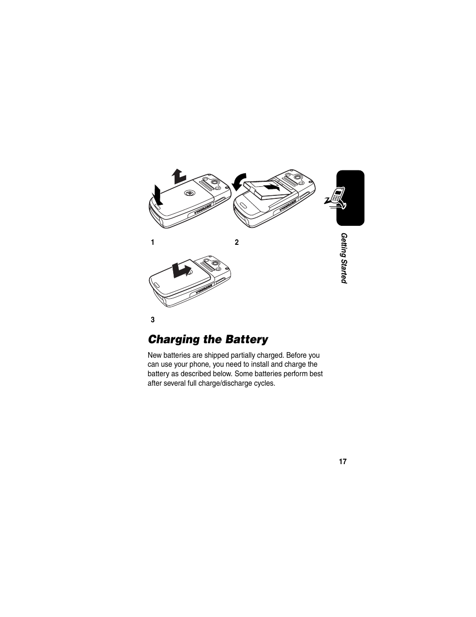 Charging the battery | Motorola C975 User Manual | Page 17 / 106