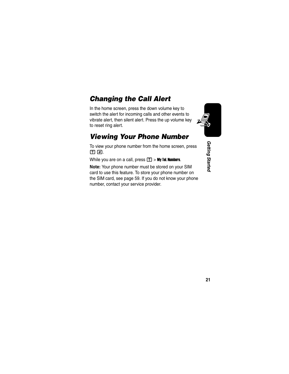 Changing the call alert, Viewing your phone number, Changing the call alert viewing your phone number | Motorola C975 User Manual | Page 21 / 106