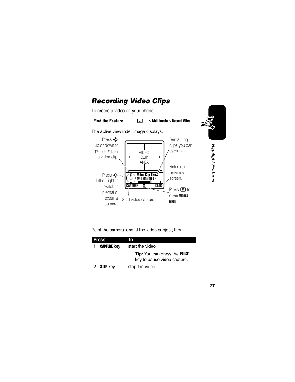 Recording video clips | Motorola C975 User Manual | Page 27 / 106