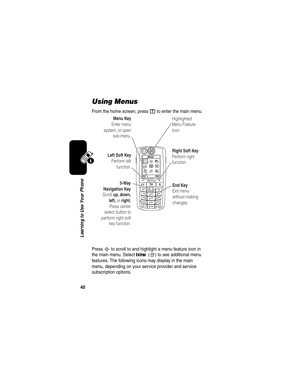 Using menus | Motorola C975 User Manual | Page 40 / 106