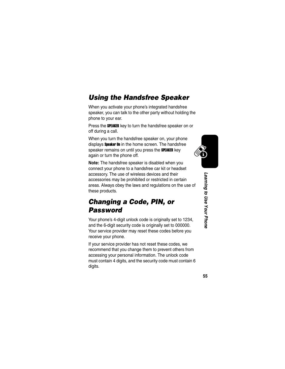 Using the handsfree speaker, Changing a code, pin, or password | Motorola C975 User Manual | Page 55 / 106