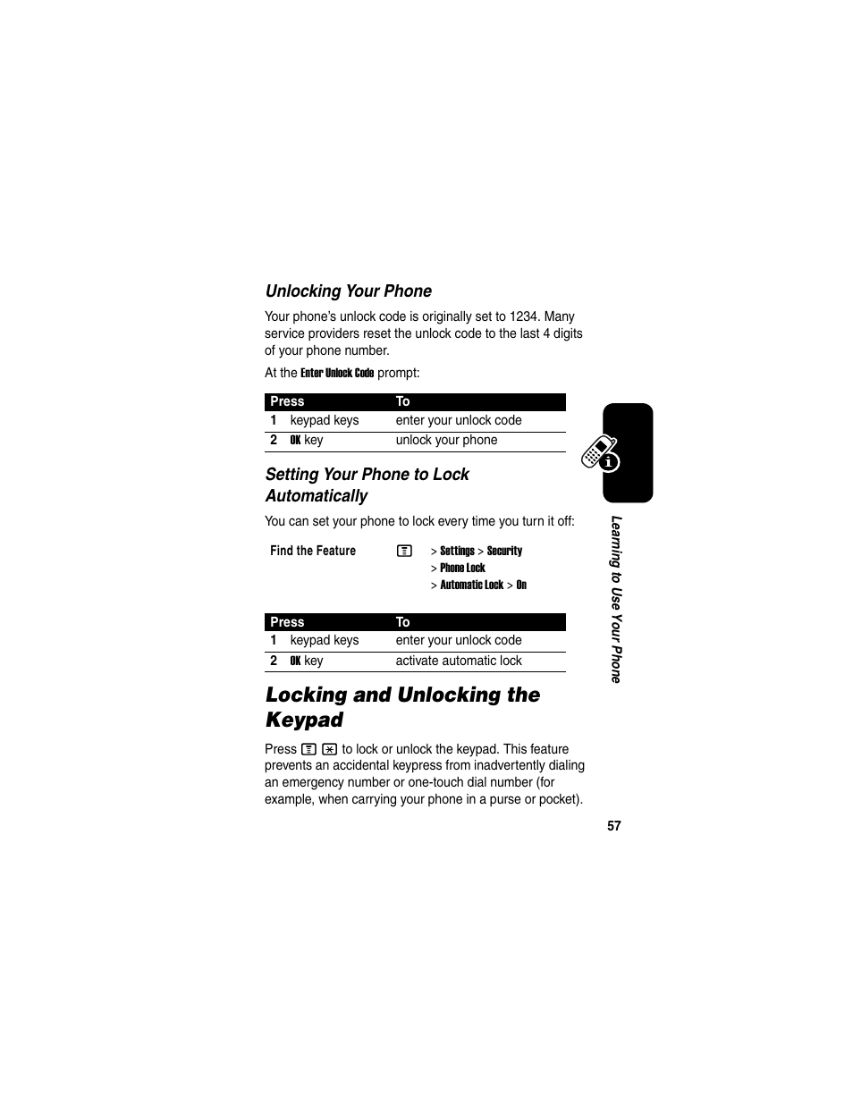 Locking and unlocking the keypad | Motorola C975 User Manual | Page 57 / 106