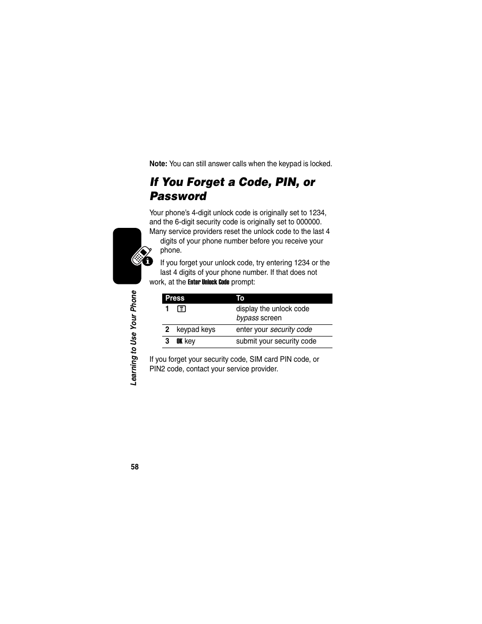 If you forget a code, pin, or password | Motorola C975 User Manual | Page 58 / 106