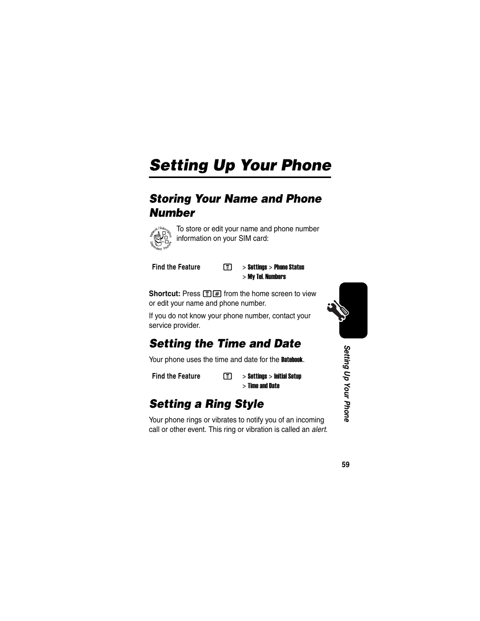 Setting up your phone, Storing your name and phone number, Setting the time and date | Setting a ring style | Motorola C975 User Manual | Page 59 / 106