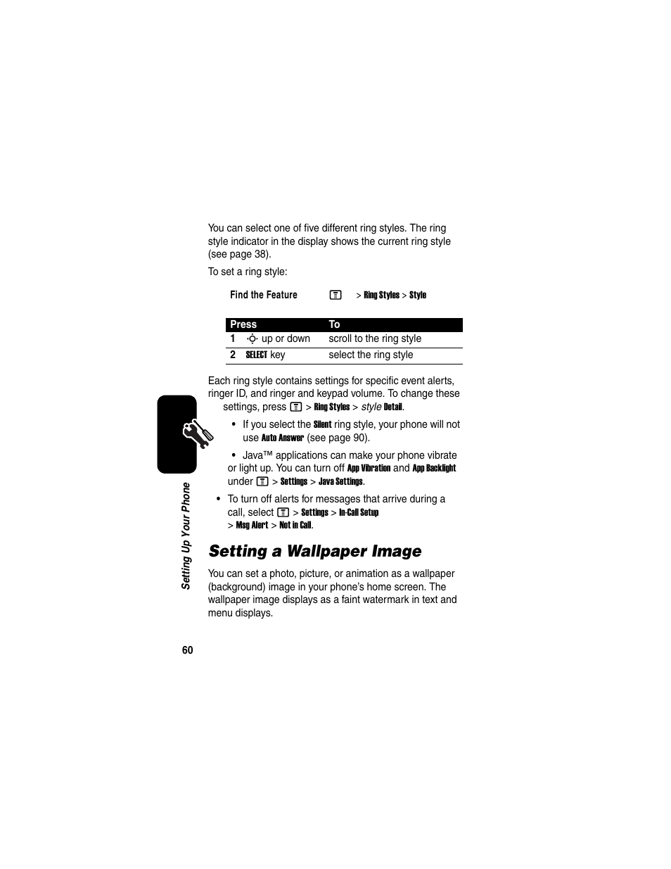 Setting a wallpaper image | Motorola C975 User Manual | Page 60 / 106