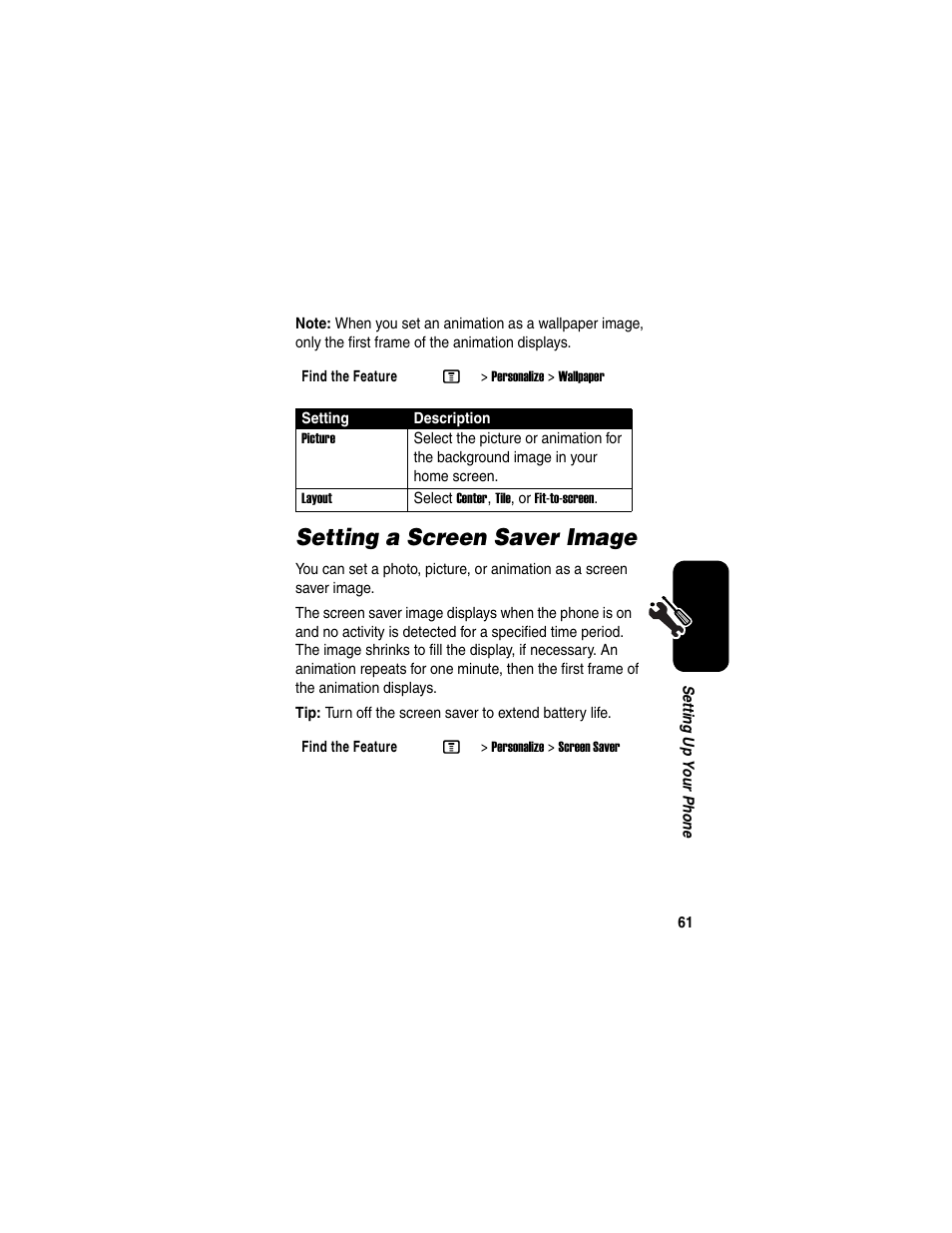 Setting a screen saver image | Motorola C975 User Manual | Page 61 / 106