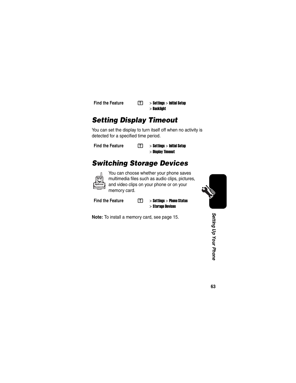 Setting display timeout, Switching storage devices, Setting display timeout switching storage devices | Motorola C975 User Manual | Page 63 / 106
