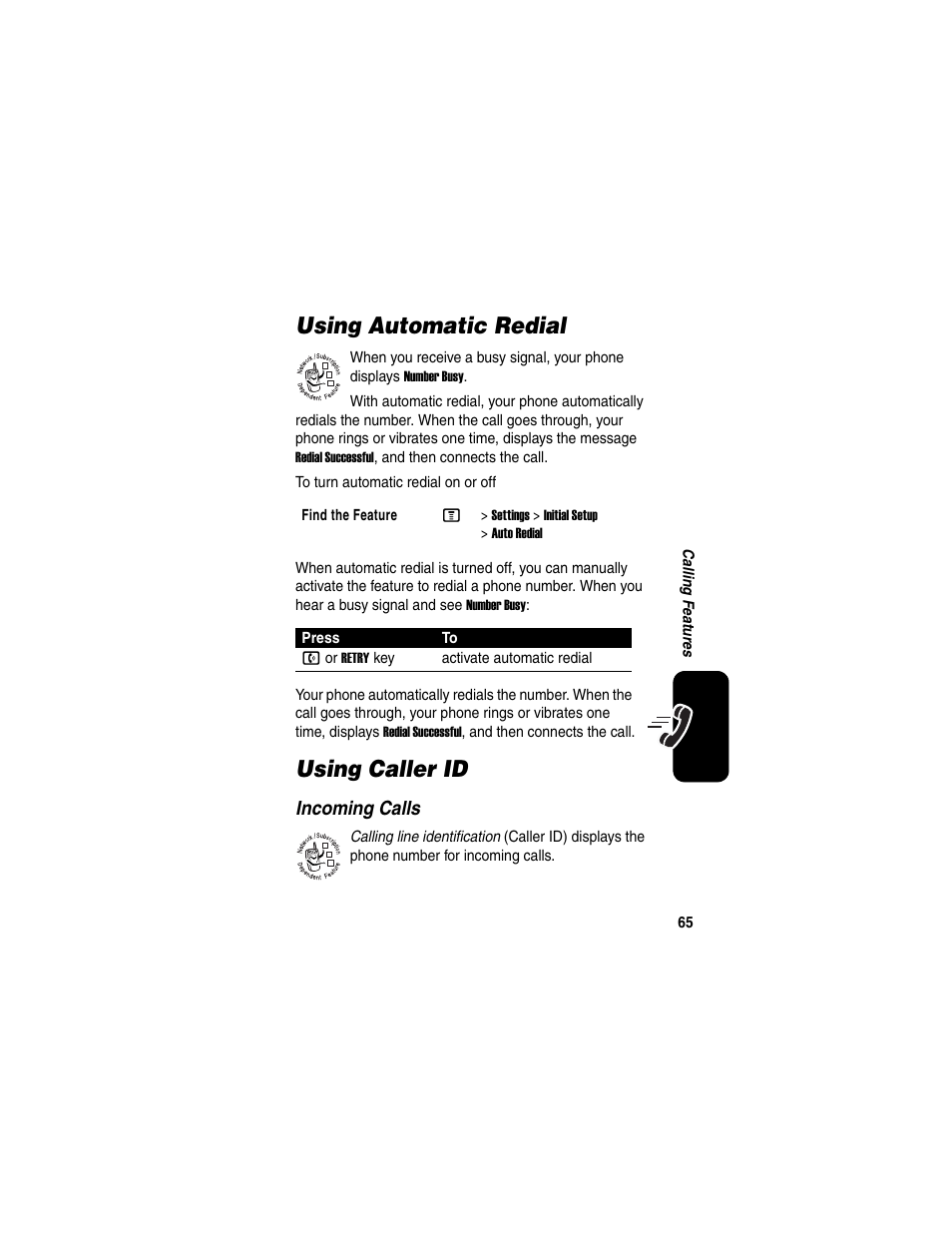 Using automatic redial, Using caller id, Using automatic redial using caller id | Motorola C975 User Manual | Page 65 / 106