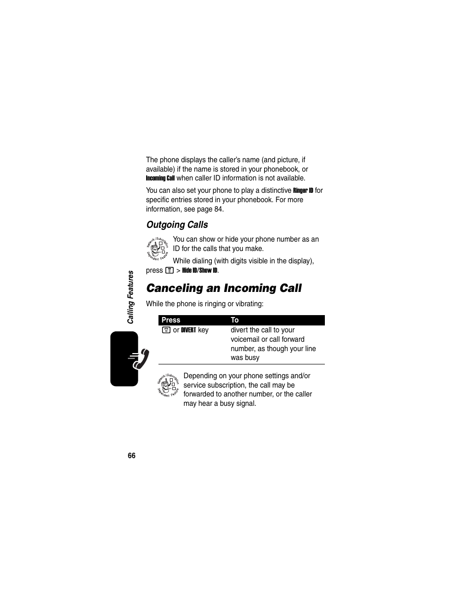 Canceling an incoming call | Motorola C975 User Manual | Page 66 / 106