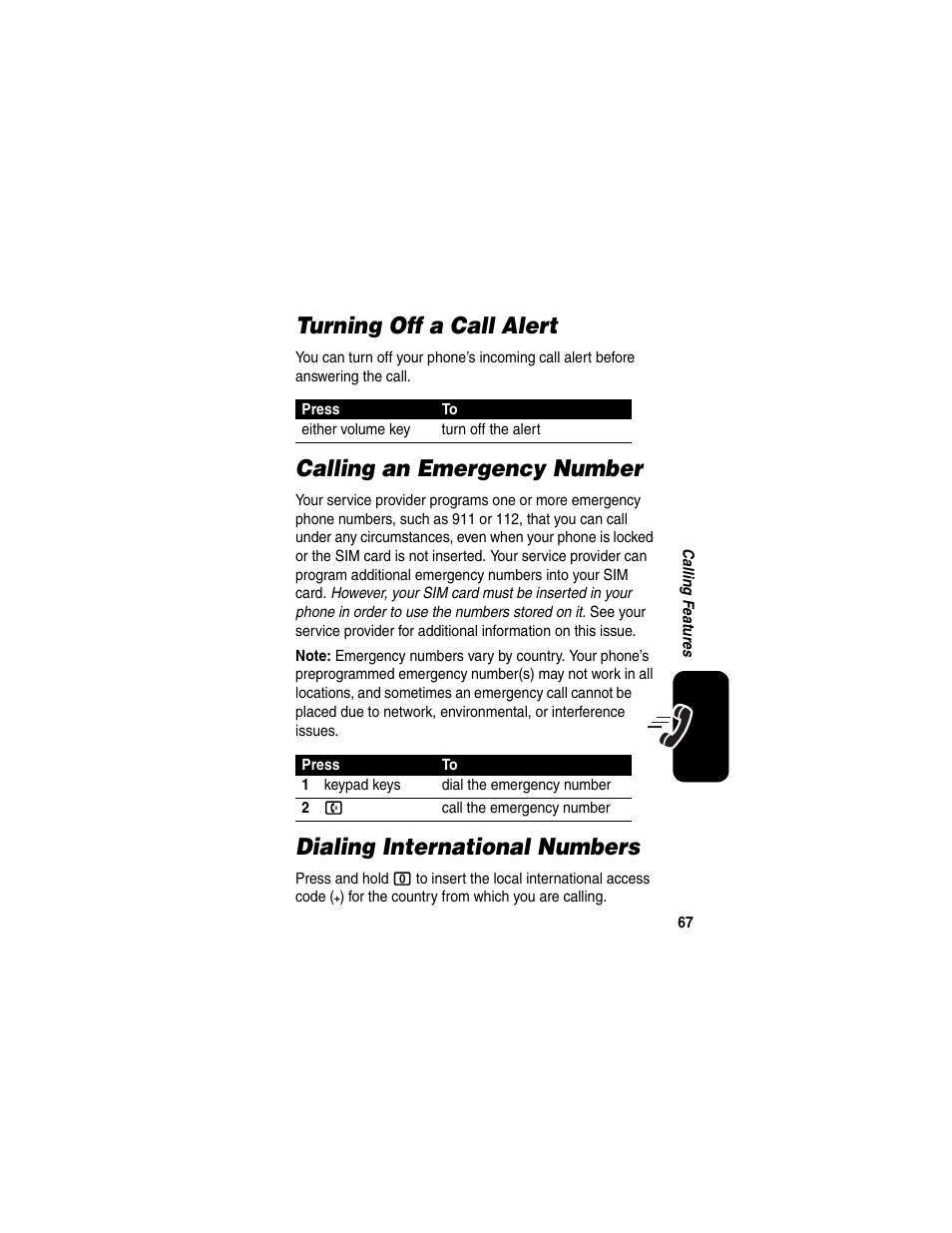 Turning off a call alert, Calling an emergency number, Dialing international numbers | Motorola C975 User Manual | Page 67 / 106