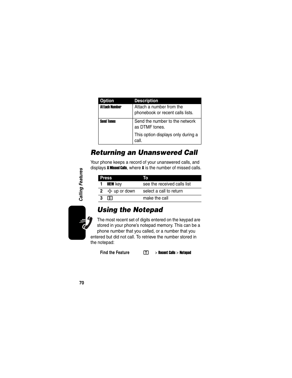 Returning an unanswered call, Using the notepad, Returning an unanswered call using the notepad | Motorola C975 User Manual | Page 70 / 106
