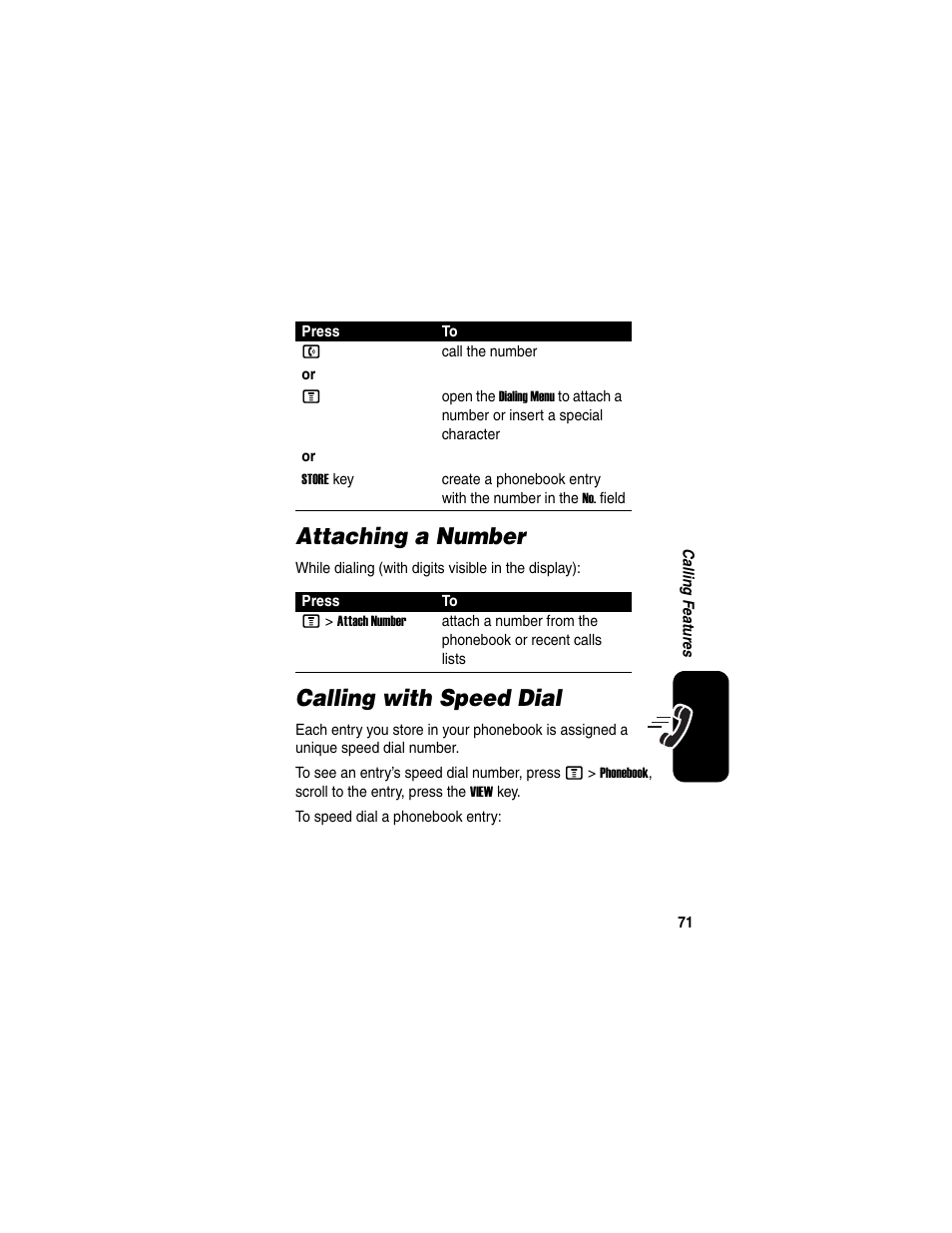 Attaching a number, Calling with speed dial, Attaching a number calling with speed dial | Motorola C975 User Manual | Page 71 / 106