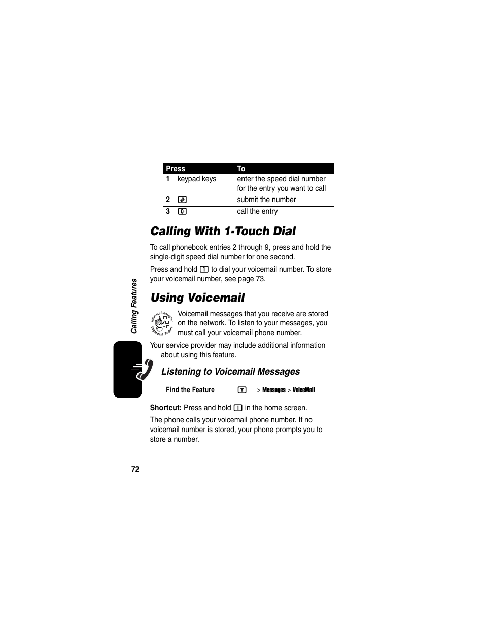 Calling with 1-touch dial, Using voicemail | Motorola C975 User Manual | Page 72 / 106