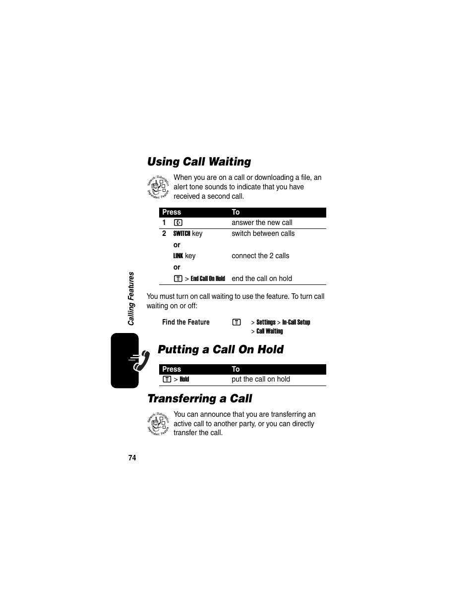 Using call waiting, Putting a call on hold, Transferring a call | Putting a call on hold transferring a call | Motorola C975 User Manual | Page 74 / 106