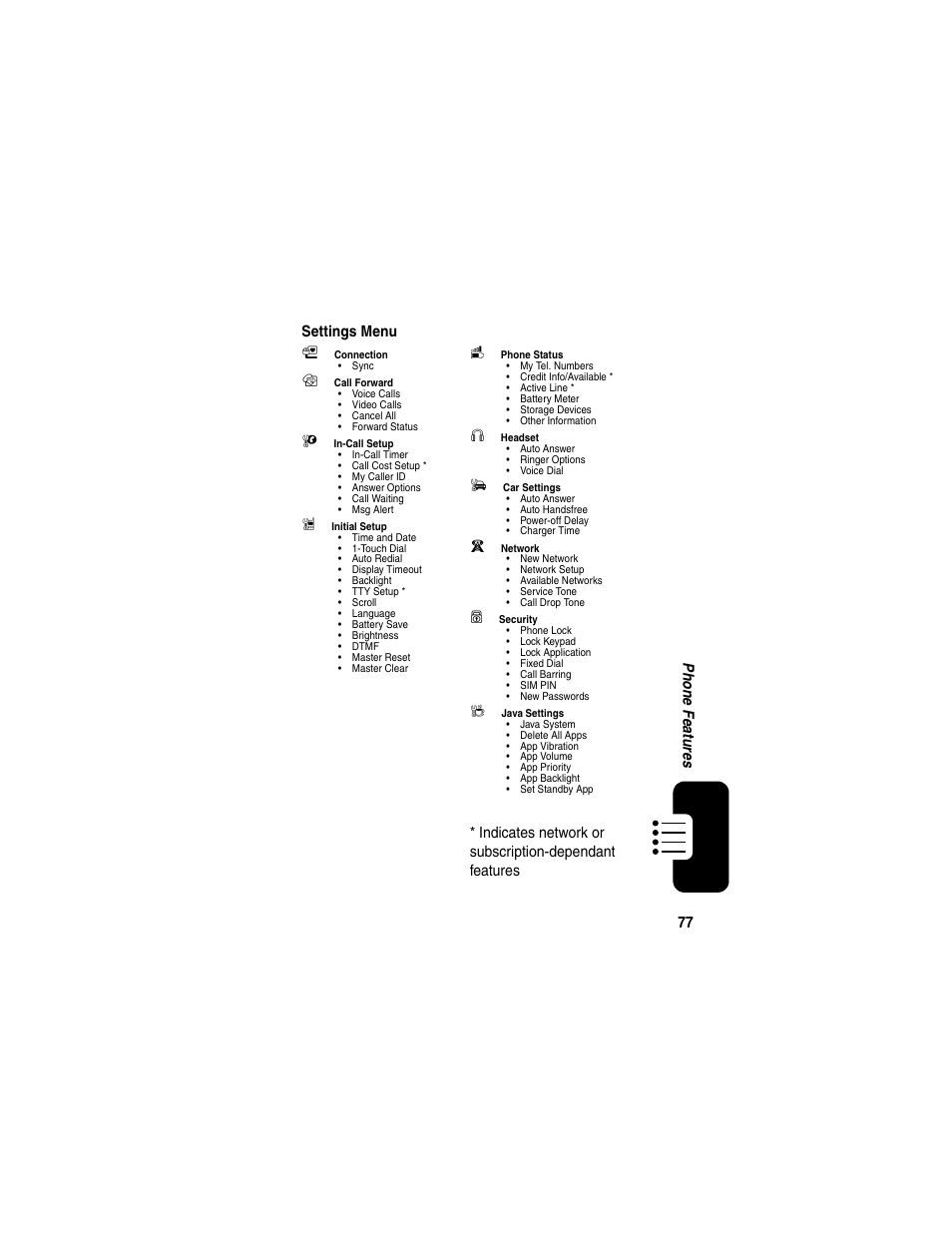 77 ph on e fe a tur e s settings menu l | Motorola C975 User Manual | Page 77 / 106