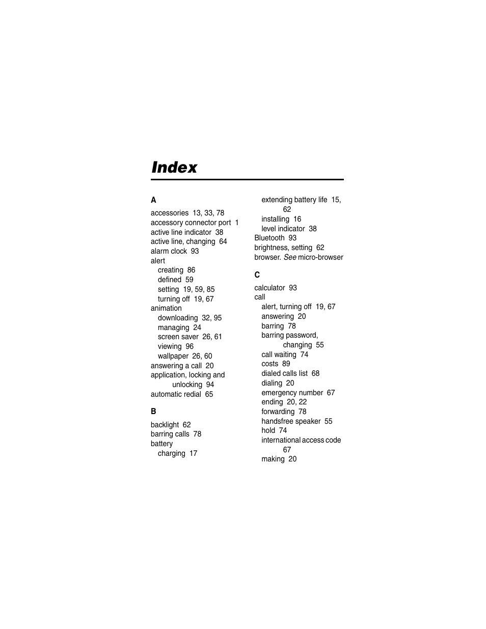 Index | Motorola C975 User Manual | Page 99 / 106