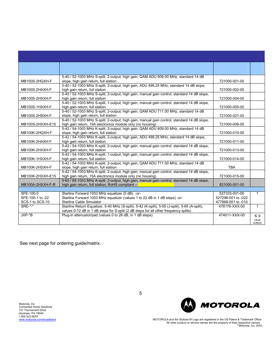 Mb100 ordering information | Motorola MB100 User Manual | Page 5 / 6