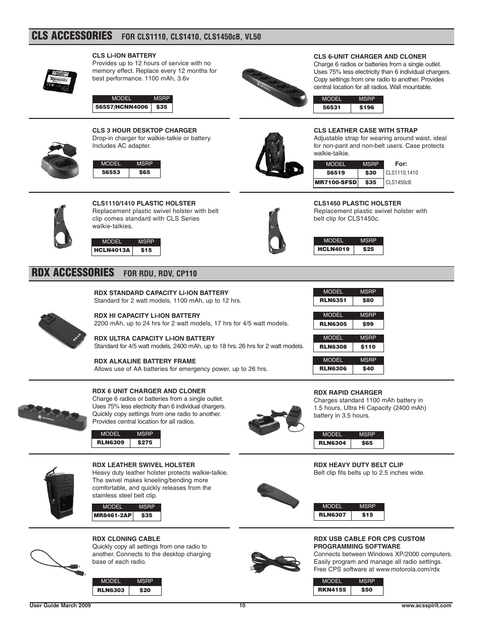 Cls accessories, Rdx accessories, For rdu, rdv, cp110 | Motorola Business Walkie-Talkies and Accessories User Manual | Page 10 / 16